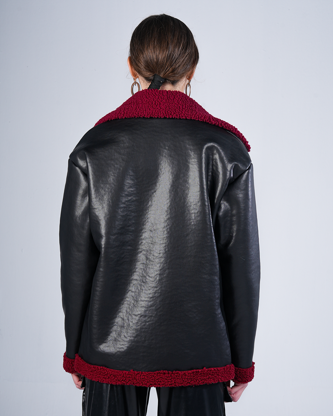Black Faux Leather Jacket With Red Fur Collar
